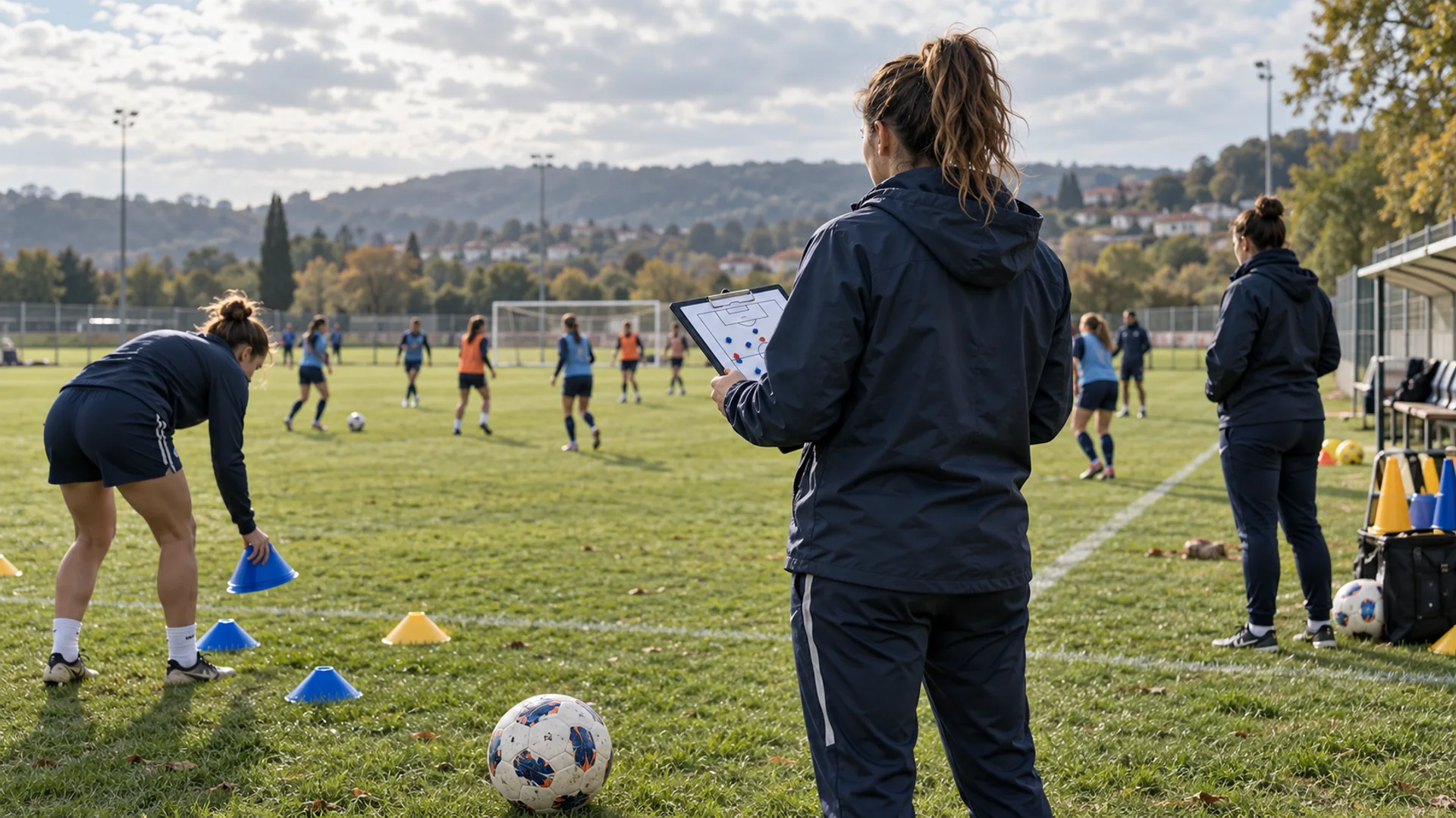 Des éducatrices préparent une séance sur un terrain de football.