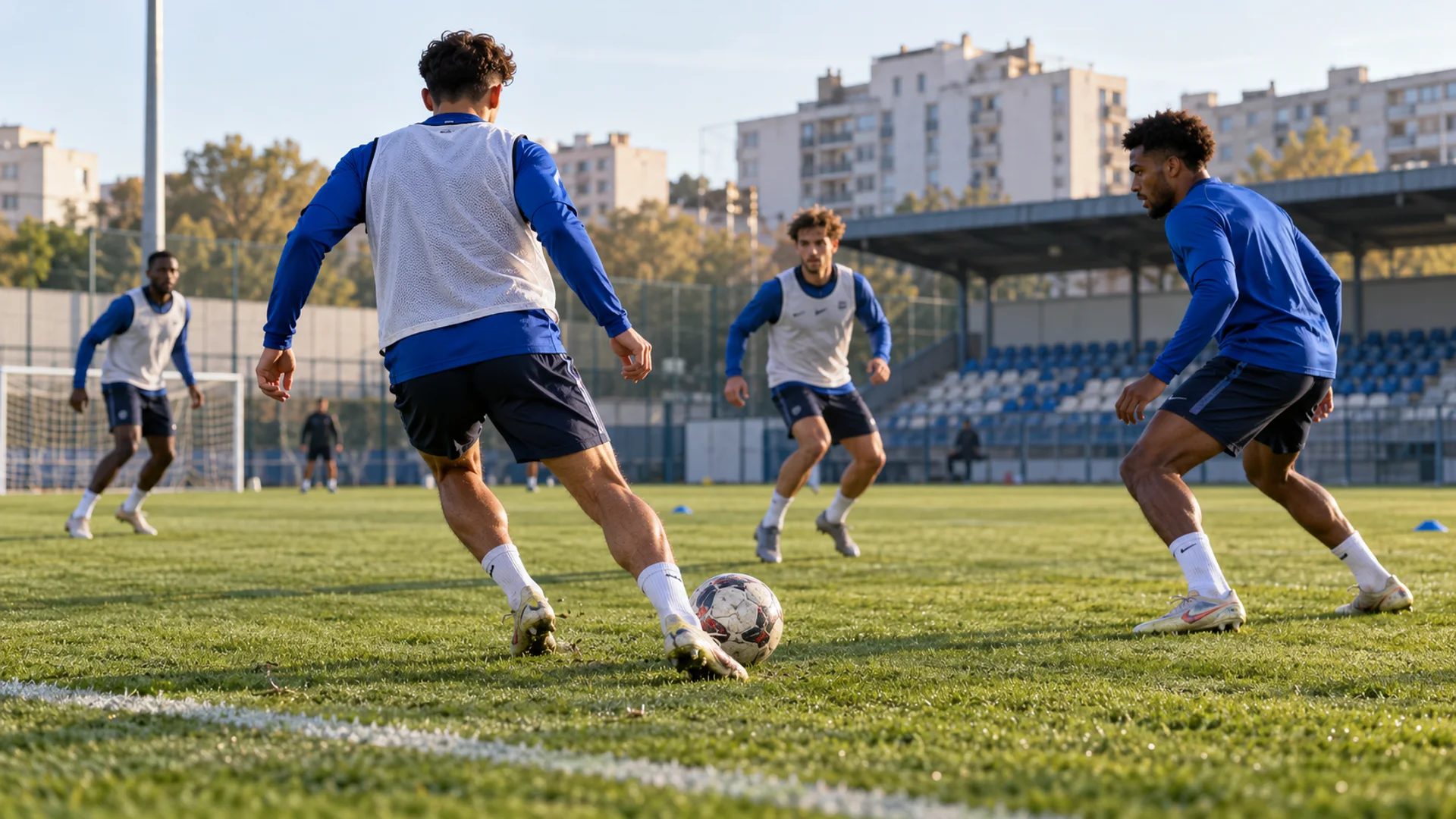 Un groupe de joueurs travaille les passes sur un terrain de club.