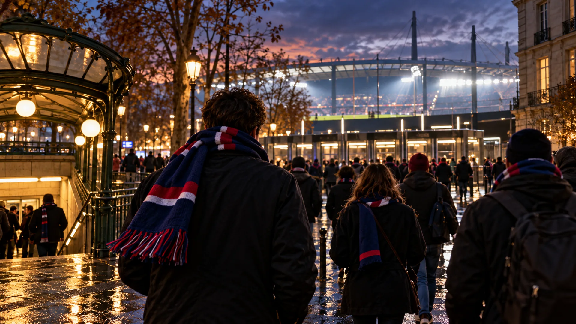 Des supporters rejoignent le stade dans les lumières du soir.