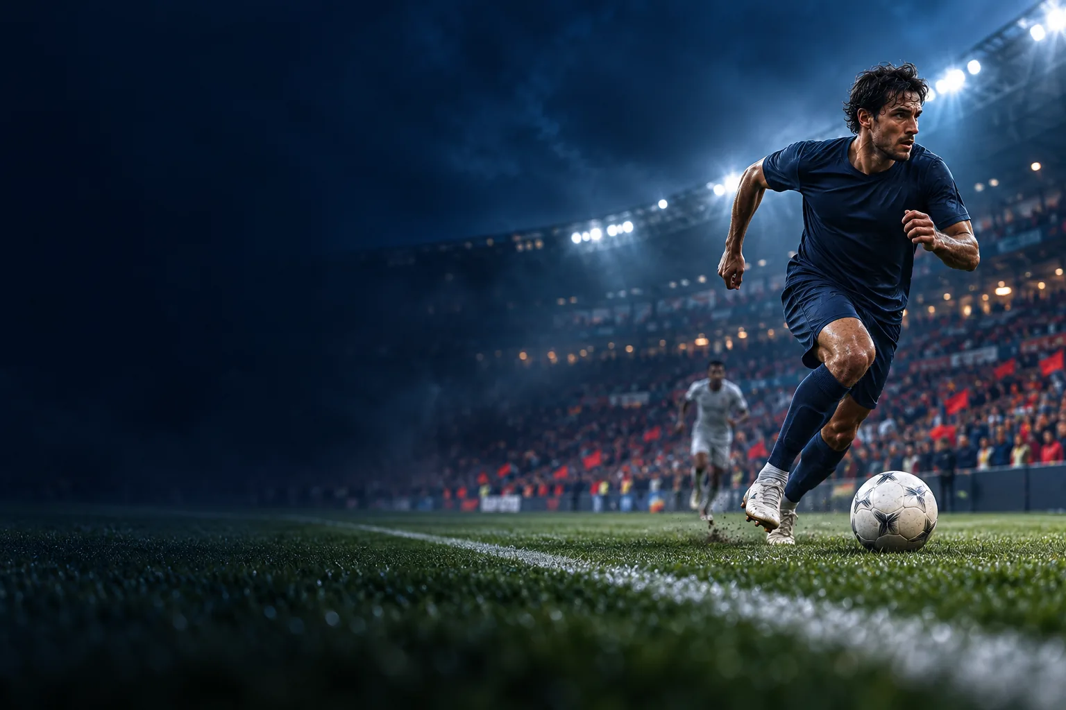 Football illustration: a player accelerates with the ball under the floodlights