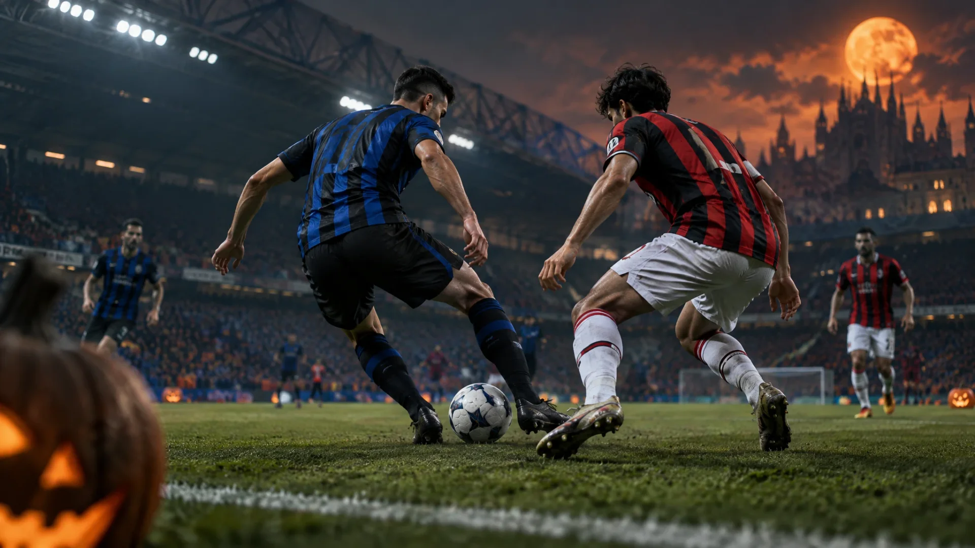 Editorial illustration: Milan-Inter on Halloween: two squad-building models, one thin margin for error